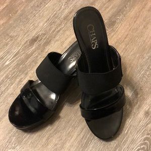 Chaps Women’s Black Wedge Slip on Slides